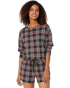 Пижамный комплект LAUREN Ralph Lauren Long Sleeve Henley Boxer PJ Set, цвет Black Plaid