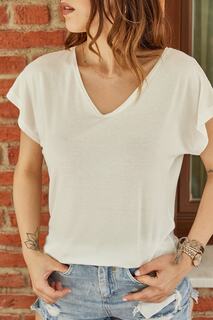 Женская футболка из струящейся вискозы цвета экрю с v-образным вырезом 9YXK2-41151-52 XHAN