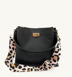 Черная кожаная большая сумка с бледно-розовым леопардовым ремешком Apatchy London, черный