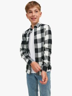 Детская хлопковая рубашка в мелкую клетку с длинными рукавами Jack &amp; Jones, шепчущий белый