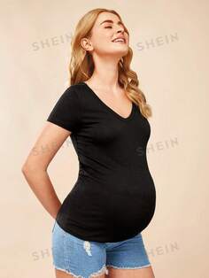 SHEIN Однотонная футболка для беременных с v-образным вырезом, черный