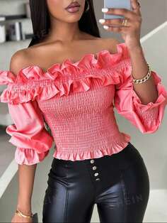 SHEIN Privé Однотонная блузка с открытыми плечами и оборками, розовый