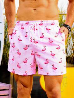 Мужские пляжные шорты с завязками на талии и принтом фламинго, красный