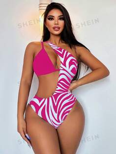 SHEIN Swim BAE Женский цельный купальник с вырезами в стиле пэчворк с принтом, ярко-розовый