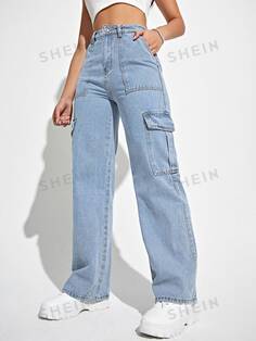 SHEIN Coolmax Джинсовые брюки с карманами и откидными карманами в стиле рабочей одежды, легкая стирка