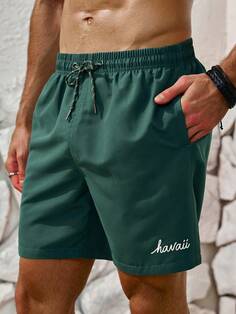 Мужские пляжные шорты с эластичным поясом и принтом на шнурке, темно-зеленый