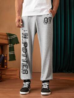 Мужские спортивные штаны с завязками на талии «Гарри Поттер X Шеин» и буквенным рисунком, светло-серый Shein