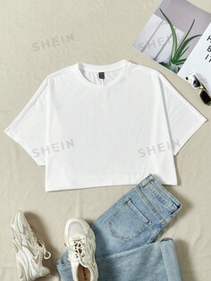 SHEIN EZwear Однотонная укороченная футболка с рукавами «летучая мышь», белый