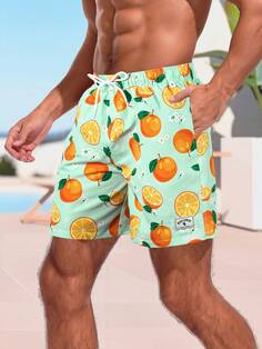 SHEIN Мужские пляжные шорты с оранжевым принтом и завязками на талии, зеленый