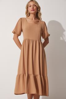 Женское летнее платье Airobin бисквитного цвета с квадратным воротником Happiness İstanbul, коричневый