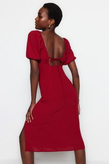 Бордовое приталенное тканое платье-миди с разрезом и деталью на спине Trendyol, бордовый