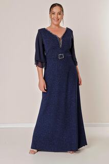 Спереди и сзади V-образным вырезом с шифоновыми рукавами и пряжкой на подкладке, серебристое длинное платье больших размеров By Saygı, темно-синий