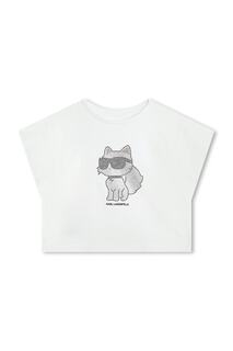 Короткая хлопковая футболка с декоративными камнями Karl Lagerfeld, белый