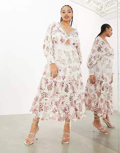 Платье-миди Asos Edition Puffy Sleeves English Floral Embroidery, мультиколор