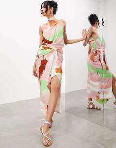 Платье-макси Asos Edition Sleeveless Stitched Neckline Ruffles, зеленый/розовый/красный
