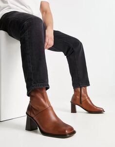 Светло-коричневые кожаные ботинки челси на каблуке ASOS на натуральной подошве