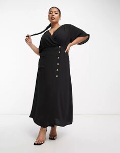 Черное платье миди с запахом, юбкой на пуговицах и карманом ASOS DESIGN Curve