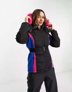 Черно-розовая куртка-пуховик Threadbare Ski с отделкой капюшона из искусственного меха