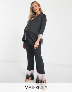 Длинная пижама с бахромой на пуговицах Loungeable для беременных черного и розового цвета