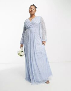 Платье для подружек невесты с глубоким V-образным вырезом и рюшами синего цвета с бусинами Frock and Frill Plus