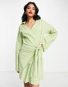 Зеленое короткое платье с запахом и лацканами Pretty Lavish