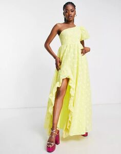 Асимметричное желтое длинное платье для выпускного вечера из кружева с цветочным принтом Maya