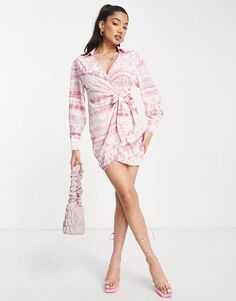 Розовое платье-рубашка с принтом и завязкой сбоку Saint Genies