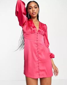 Розовое атласное мини-платье с глубоким вырезом и объемными рукавами Aria Cove