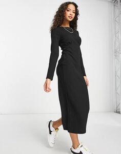 Черное платье миди в рубчик с круглым вырезом New Look