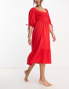 Красное летнее платье миди с текстурированными рукавами-фонариками Accessorize