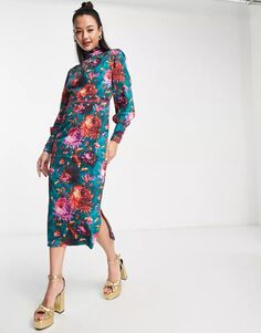 Изумрудное платье миди с высоким воротником и цветочным принтом Hope &amp; Ivy