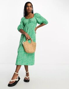 Зеленое платье миди с пышными рукавами и цветочным принтом Wednesday&apos;s Girl