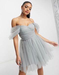 Эксклюзивное светло-серое мини-платье из тюля с запахом Lace &amp; Beads