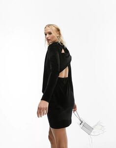 Черное короткое бархатное платье с запахом, завязками и открытой спиной Topshop