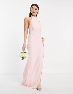 Длинное шифоновое платье подружки невесты TFNC с воротником-воронкой и завязкой на спине бледно-розового цвета