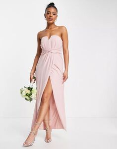 Длинное розовато-лиловое платье подружки невесты TFNC с вырезом без бретелек, запахом и бантом на спине