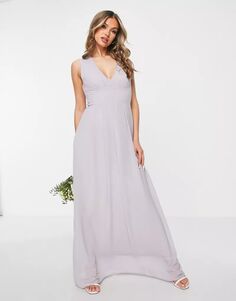 TFNC Серое длинное платье подружки невесты с V-образным вырезом и плиссированной шифоновой юбкой
