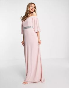 Длинное шифоновое платье подружки невесты с глубоким вырезом TFNC и украшением на талии розовато-лилового цвета