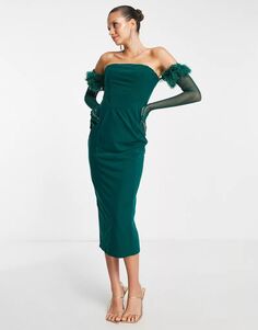 Облегающее платье миди без бретелек с корсетом и зелеными перчатками Rare London