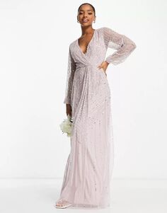 Платье макси для подружек невесты с глубоким V-образным вырезом и рюшами в цвете «Пыльный лиловый» Frock and Frill