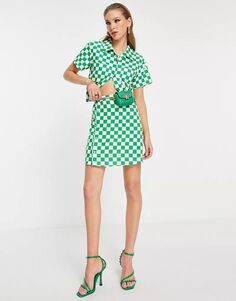 Ярко-зеленая мини-юбка в шахматную клетку на пуговицах от Extro &amp; Vert