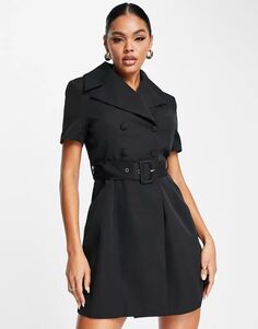 Черное платье-блейзер с короткими рукавами и поясом Unique21