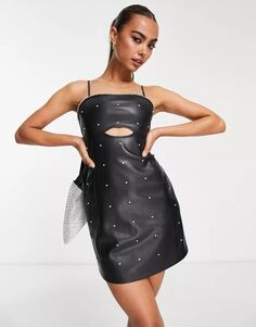 Черное мини-платье из искусственной кожи Miss Selfridge со стразами и вырезом горловины