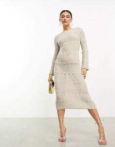 Трикотажное платье макси серебристого цвета с ажурными деталями ASOS