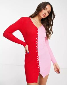 Розовое трикотажное платье контрастного цвета с разрезом Gianni Feraud