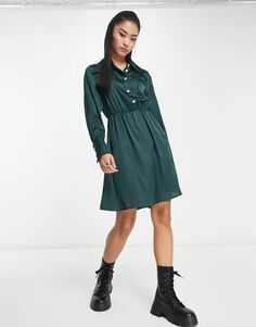 Зеленое атласное платье-рубашка с пуговицами со стразами JDY Klara