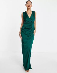 Атласное платье макси с запахом спереди из ликерного изумрудно-зеленого цвета Liquorish