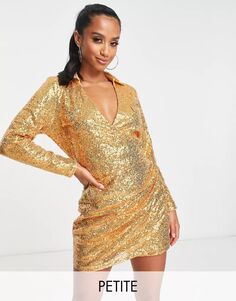 Эксклюзивное золотистое мини-платье с запахом In The Style с глубоким вырезом и лацканами с пайетками