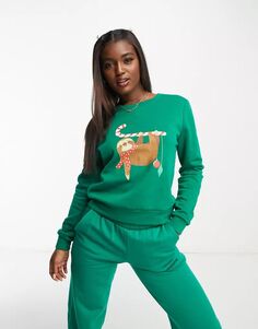 Зеленый рождественский джемпер с принтом ленивца Only