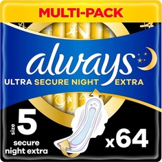 Always Ultra Secure Night Extra с крыльями, размер 5, нейтрализация запаха и защита от утечек, 64 подушечки